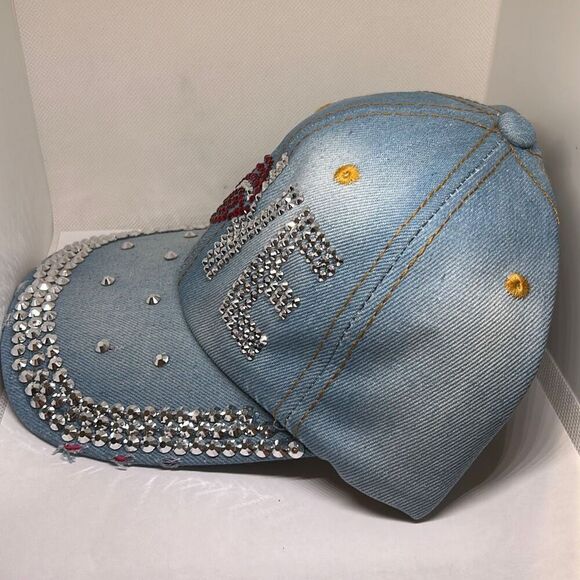 Distressed Denim Rhinestone LOVE Baseball Cap - Picture 2 of 4